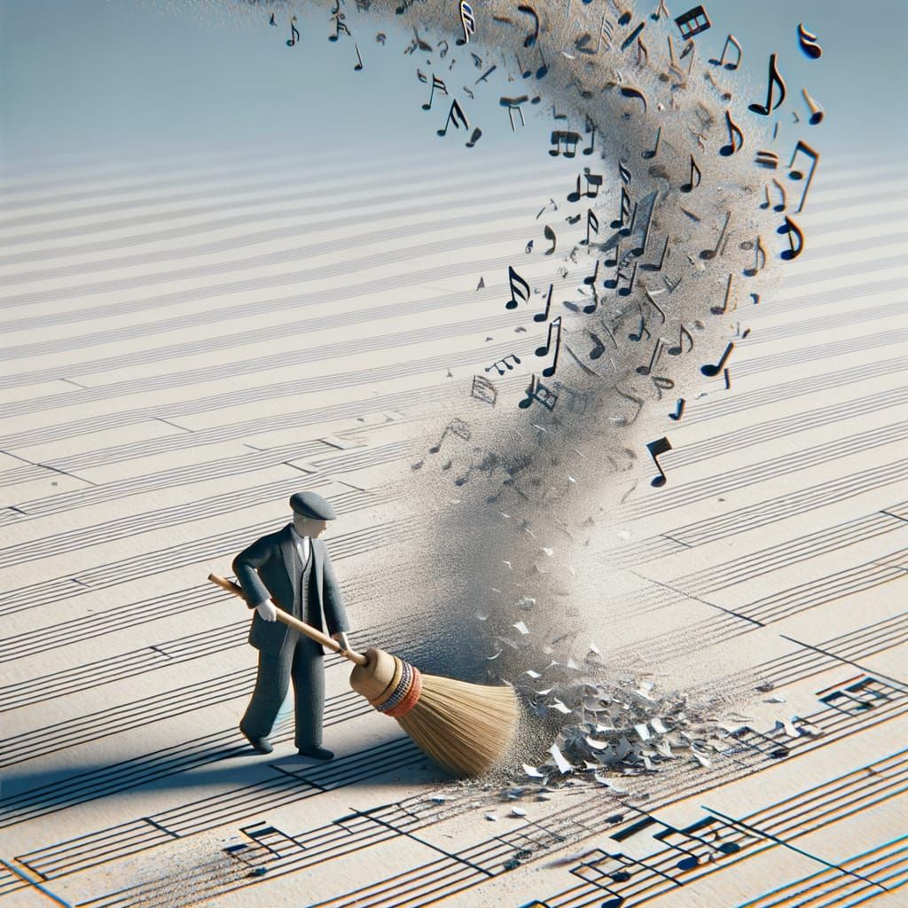 Miniature Man Erases Musical Notes in a Void
