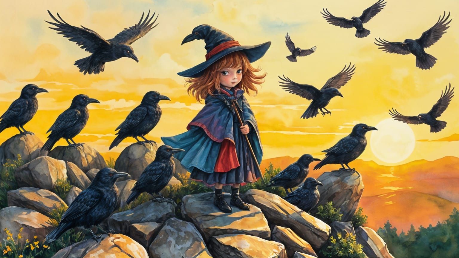 Enchanted Raven Mistress in Vibrant Watercolor