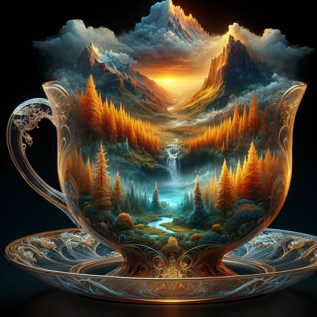 Hypermaximalist Glass Teacup Holds Enchanted Fantasy Landsca...