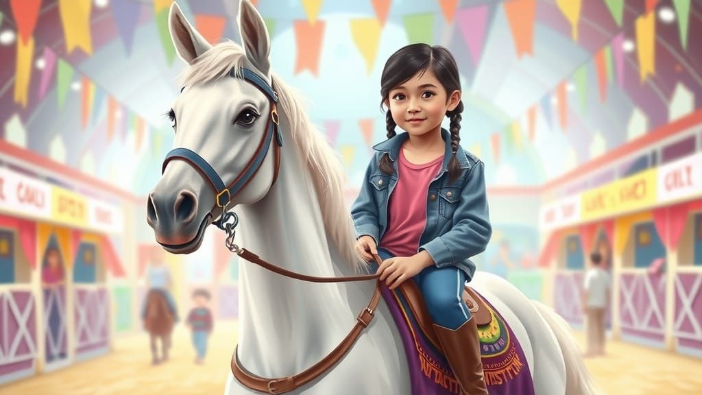 Young Rider's Confident Moment in Whimsical Pony Show