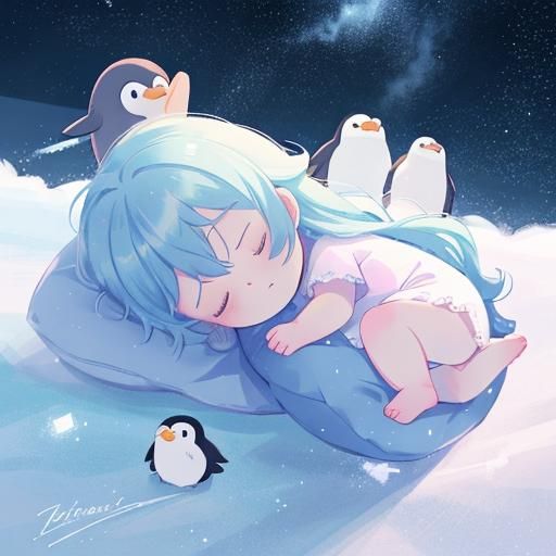 Anime Baby Penguin Drifts Off in Ethereal 8k Glow