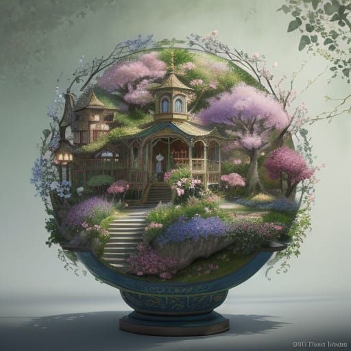 Porcelain Flower Garden in Watercolor Collage Style