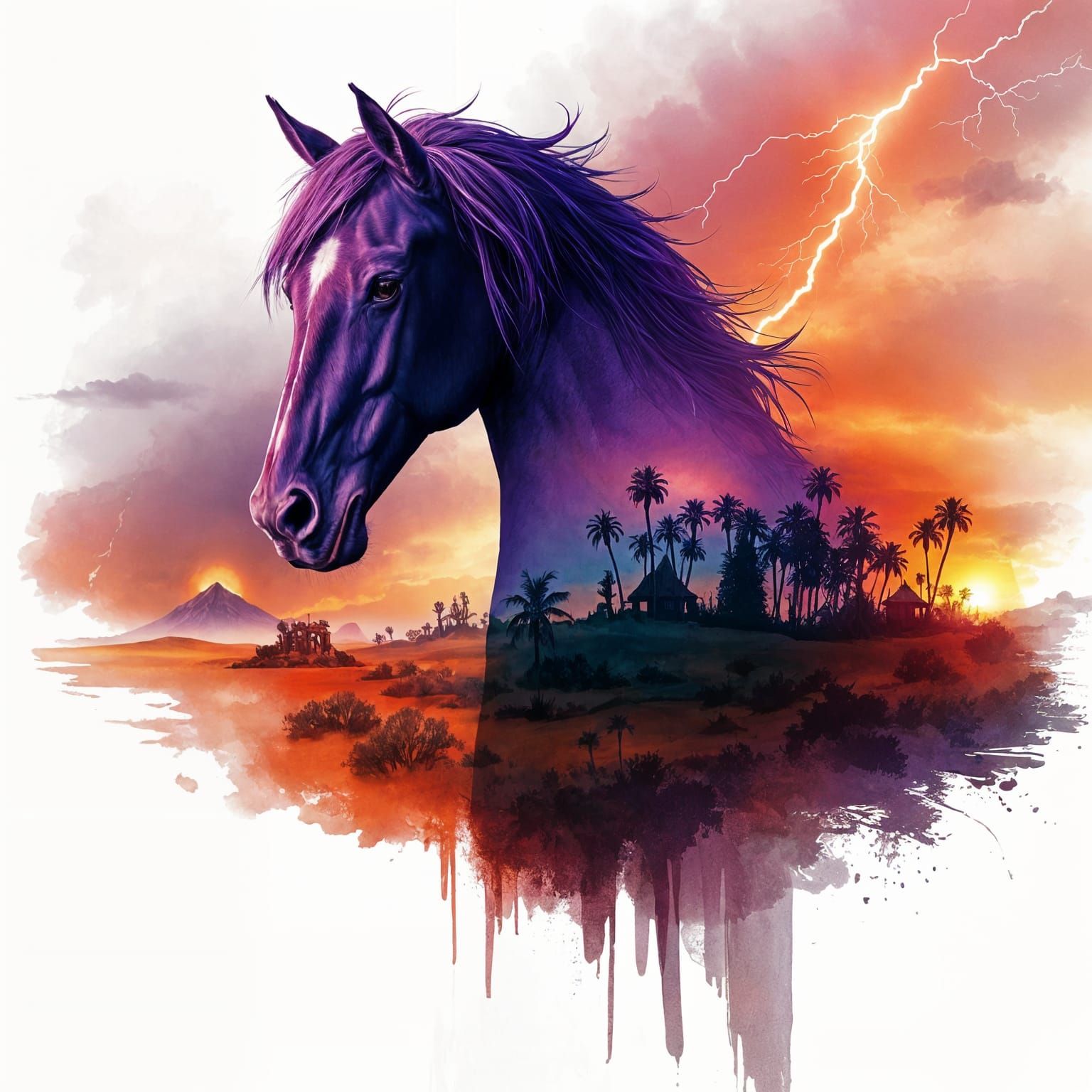 Stallion and Desert Oasis in Double Exposure