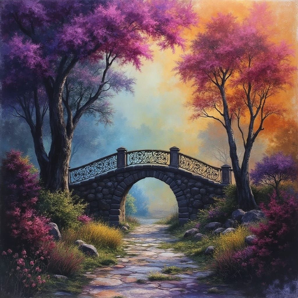 Ethereal Nighttime Bridge in Fuchsia and Gold