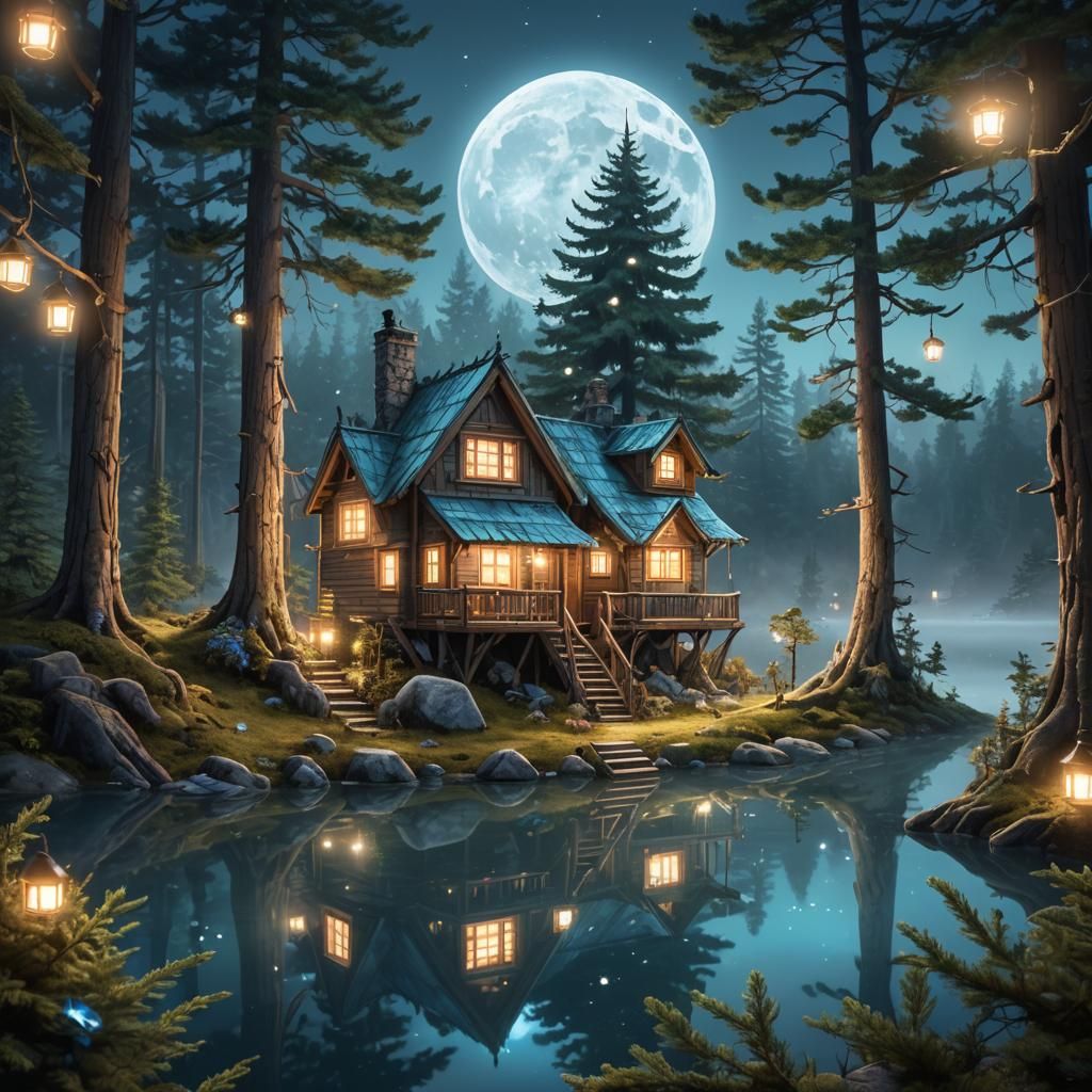 wood cabin in a fantasy forest
