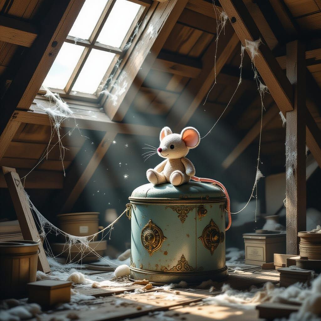 Lost Toy Mouse on Abandoned Water Tank in Dusty Attic