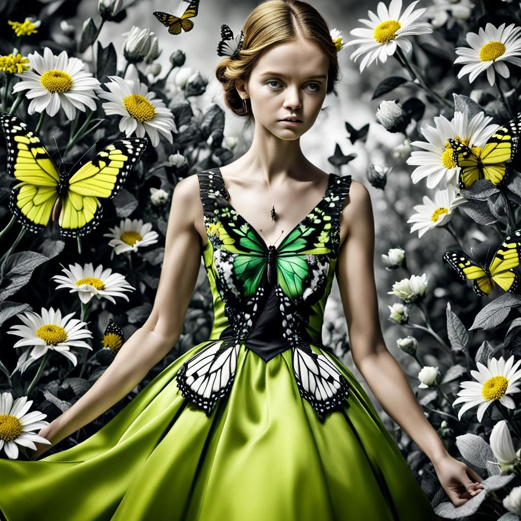 Vibrant Summer Dress with Black and White Blooms and Butterf...
