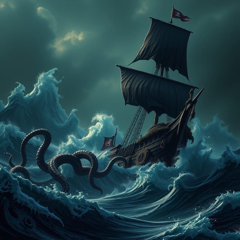 Dark Pirate Ship Sinks Amidst a Sea Monster's Wrath