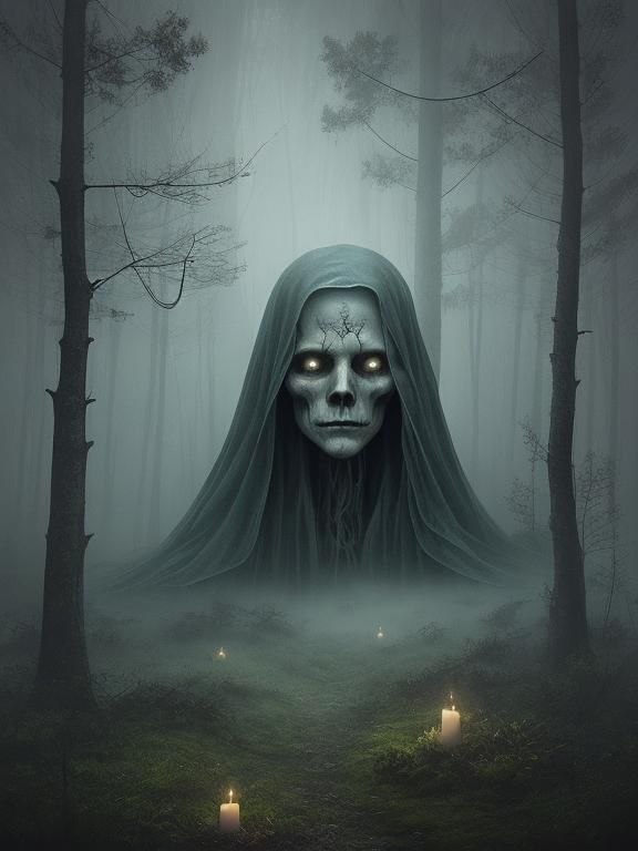 Surreal Digital Painting of a Ghost's Haunting Face in a Mis...