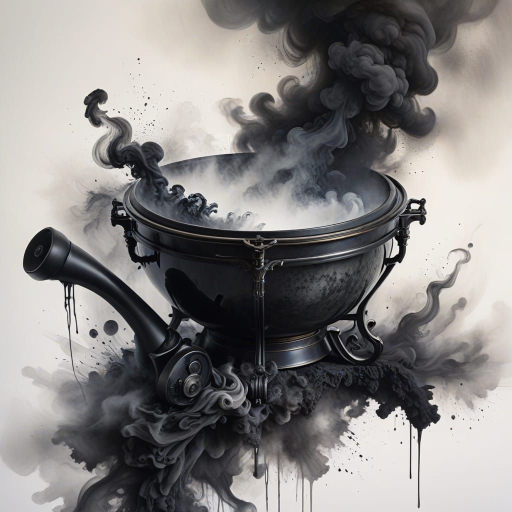Ethereal Ink Illustration of a Timpani with Swirling Smoke