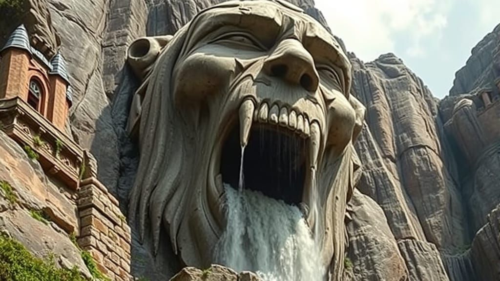 Monumental Stone Head Mountain Carving with Waterfall