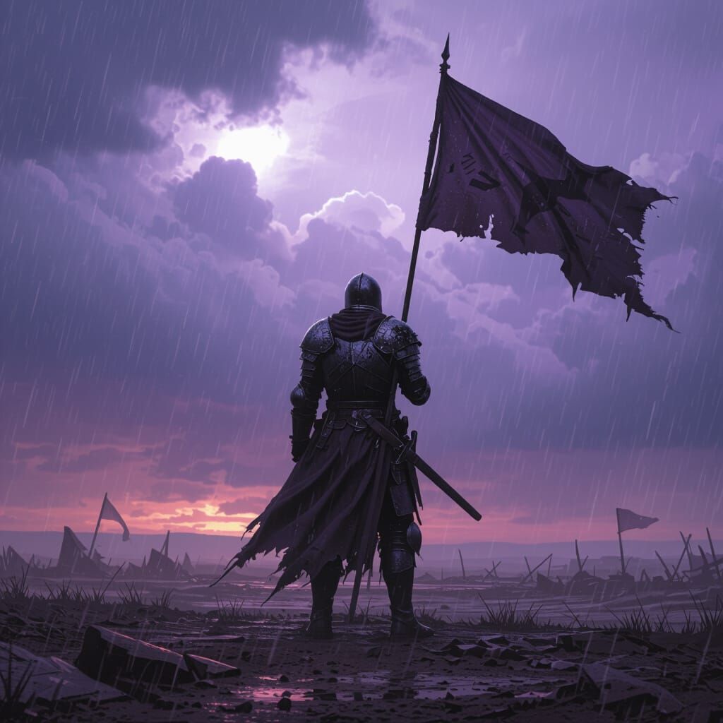 Lone Soldier on Desolate Battlefield Under Stormy Sky