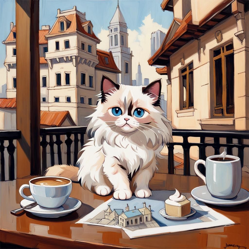 Whimsical Chibi Cat Sips Coffee Amidst Architectural Sketche...
