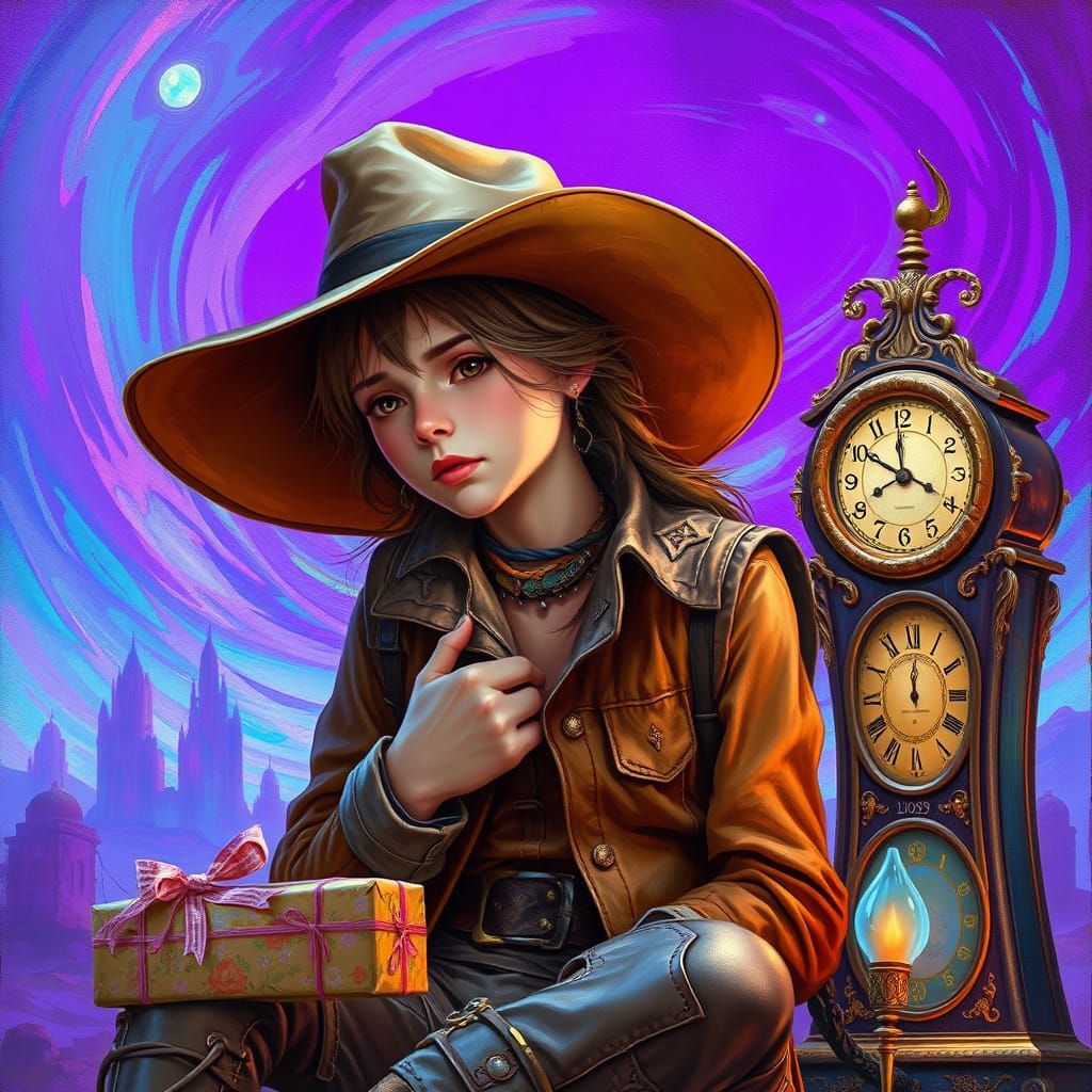 Contemplative Cowgirl in a Vibrant Abstract Landscape