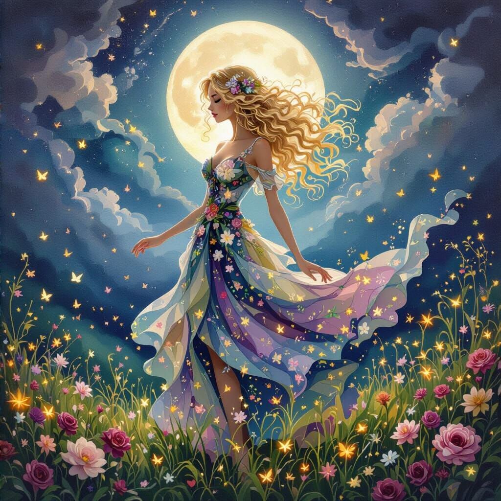 Ballroom Gown: Delicate Woman in Moonlit Garden