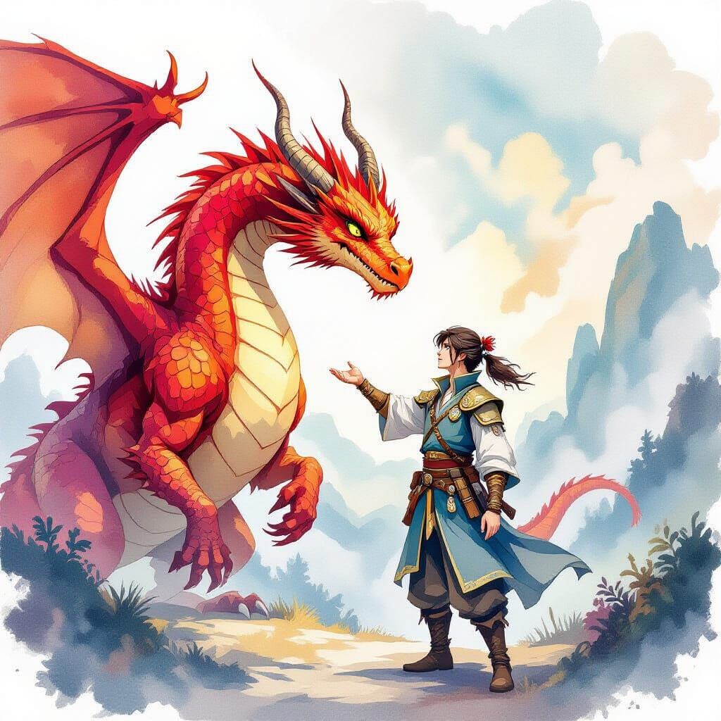 Dragon Trainer in Dynamic Watercolor Style