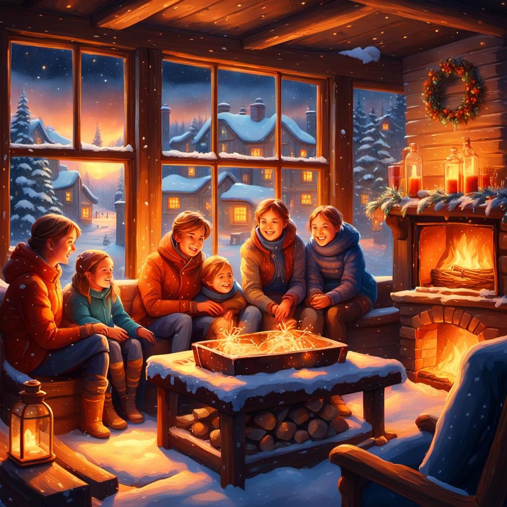 Fantasy Family Gathered Around a Cozy Fireplace