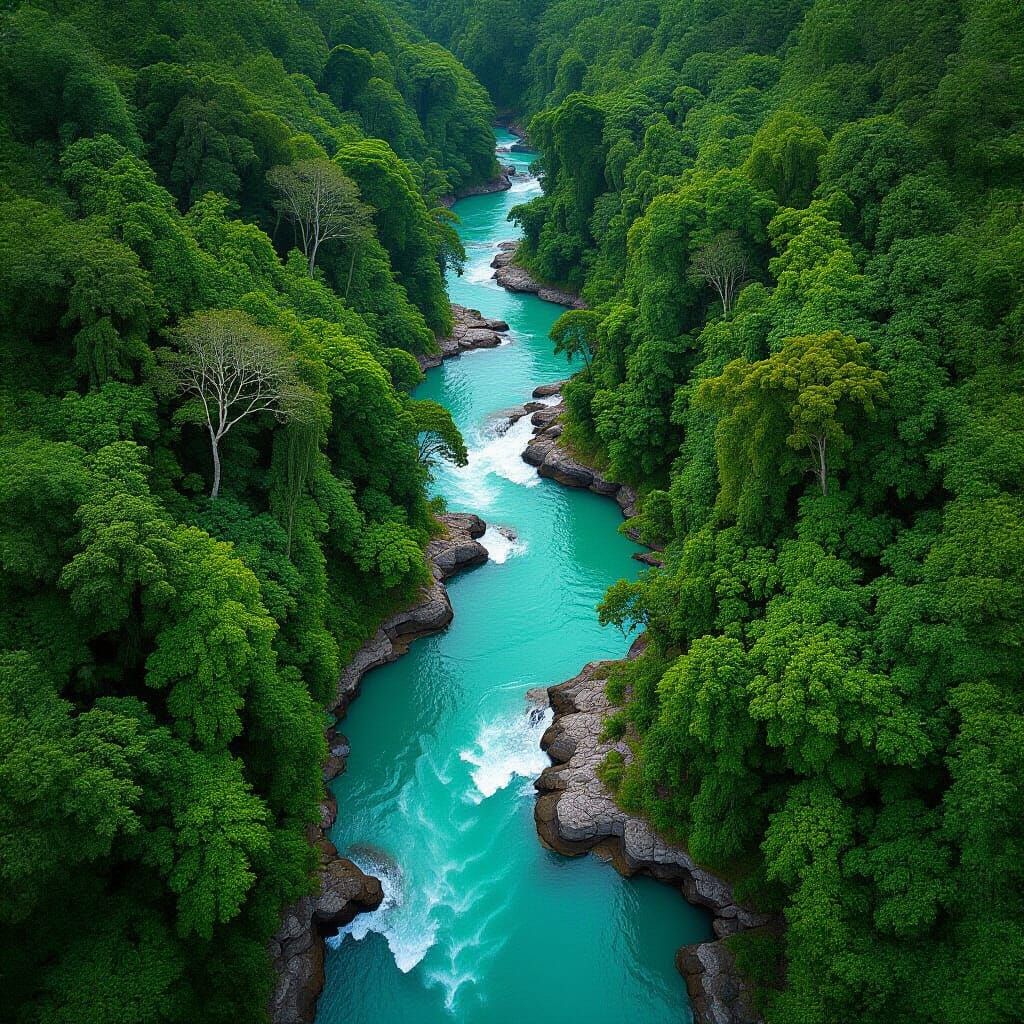Turquoise River Rushes Through Lush Green Forest