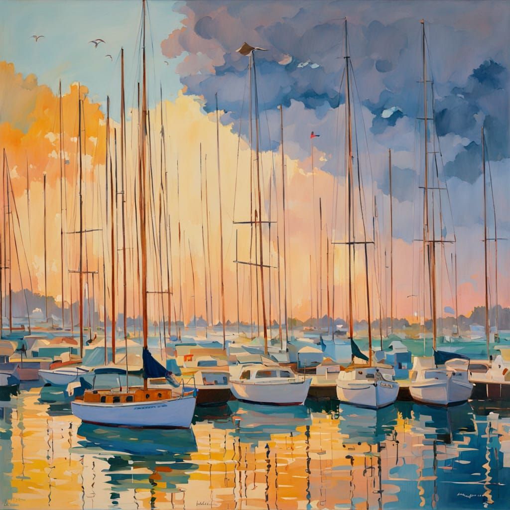 Dreamy Impressionist Harbor Scene with Sailboats and Seagull...