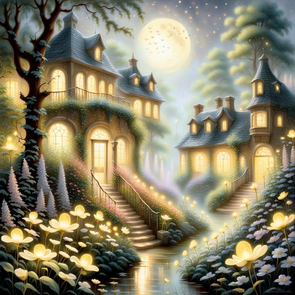 a whimsical scene of fireflies guiding fairy residents throu...