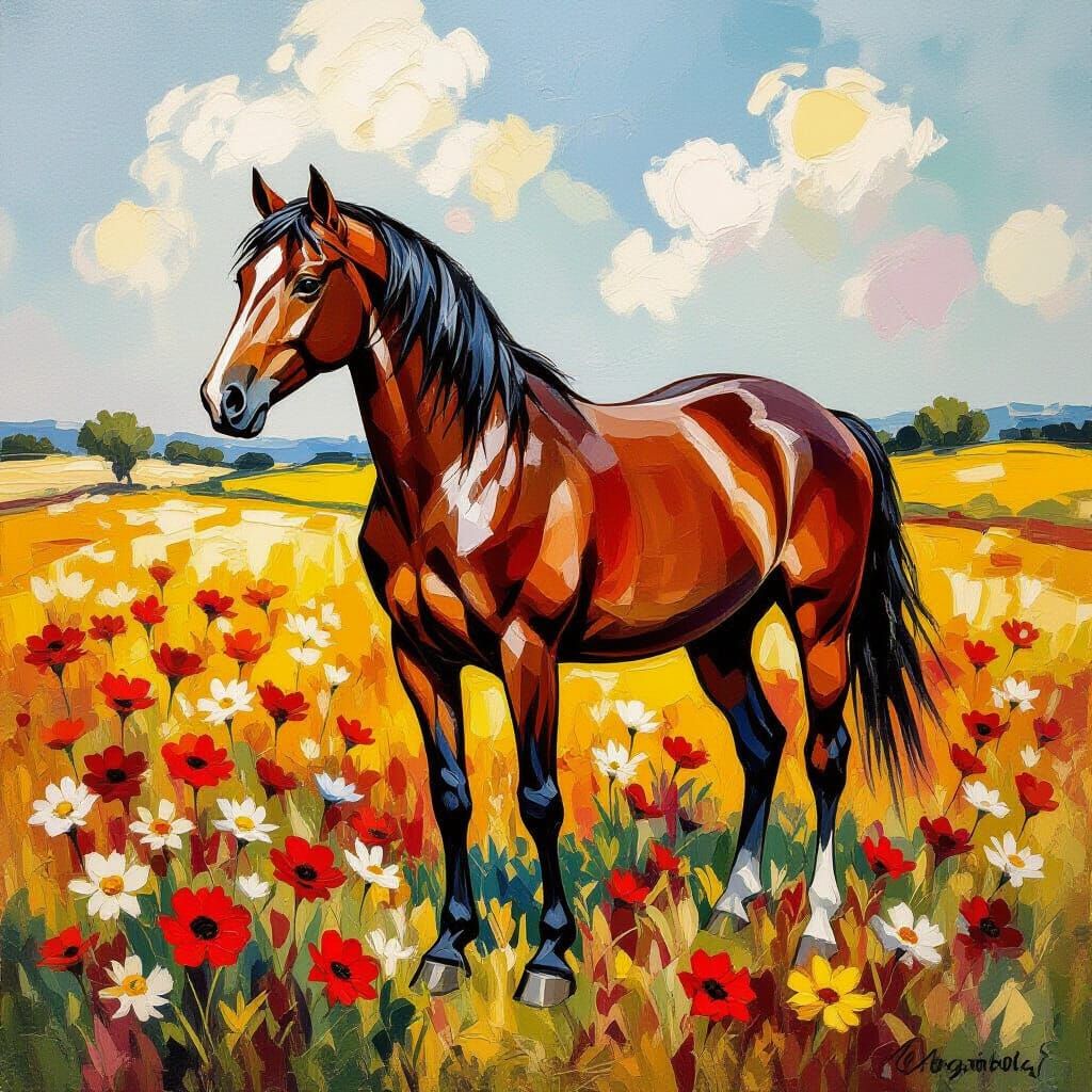 Horse in Field Oil Painting Impasto Style