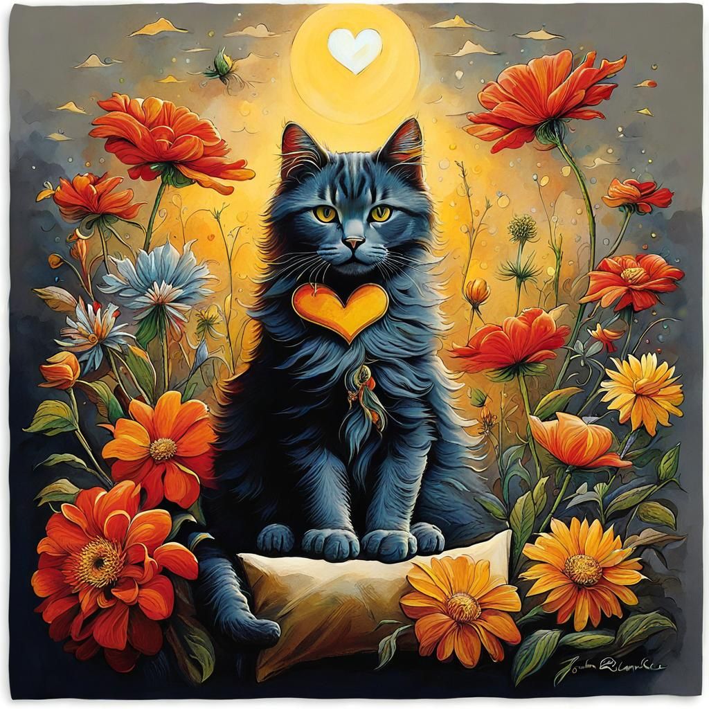 Whimsical Warhammer-Inspired Cat in a Floral Oasis