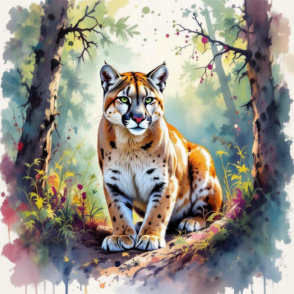 Puma in Treeline: Watercolor Alcohol Ink Style
