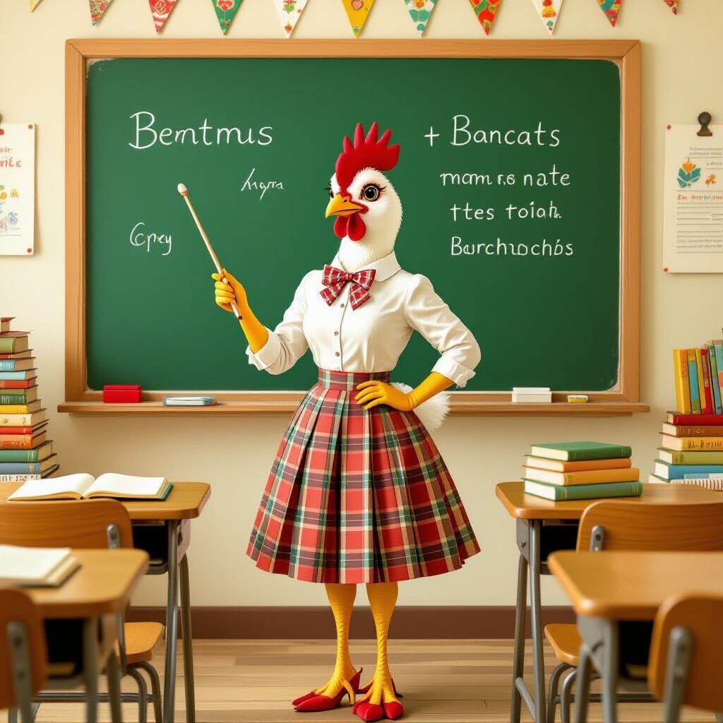 Chicken Teacher in Classroom, Beatrix Potter Style