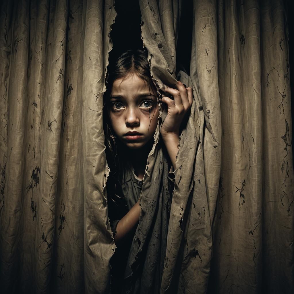 Frightened Young Girl Hides from Dark Entity in Gothic Atmos...