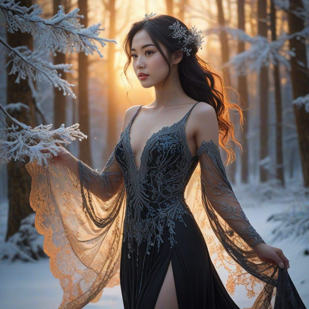 Ethereal Asian Woman in Snowy Forest, Backlit by Golden Hour
