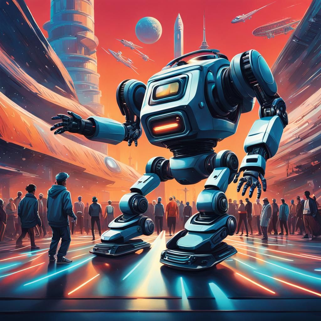 Breakdancing Robot Surfs in a Futuristic Metropolis