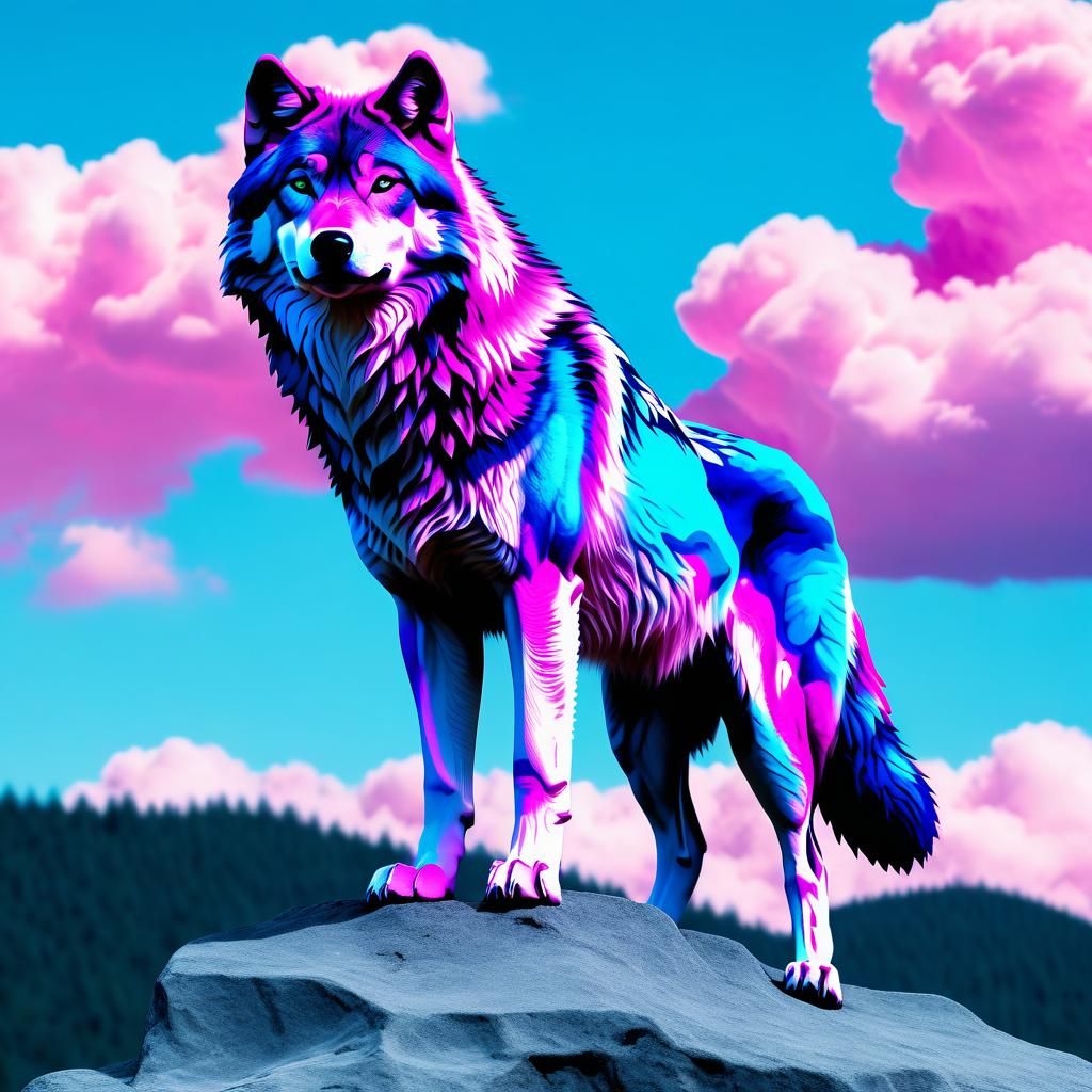 Vaporwave Wolf Emerging from Clouds
