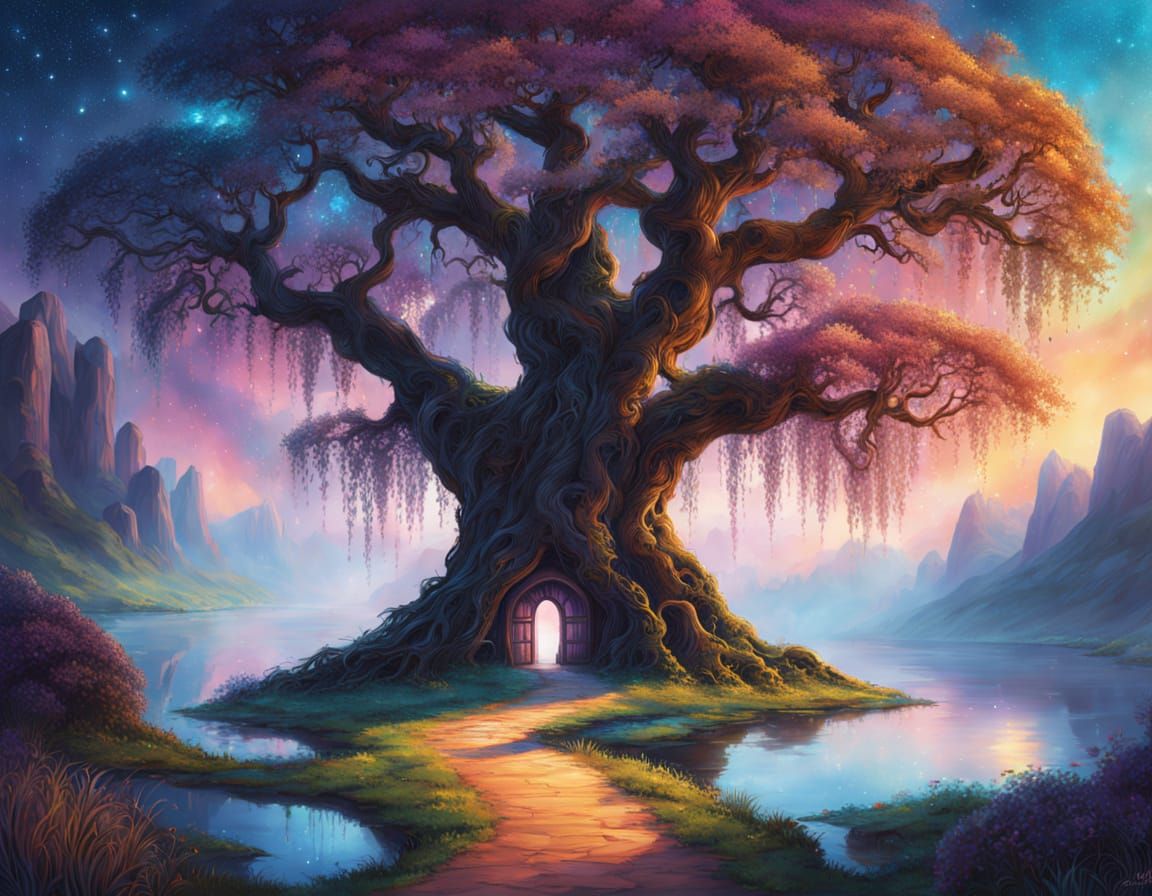 Magic Willow Doors Open to Fairy Landscape in Watercolor