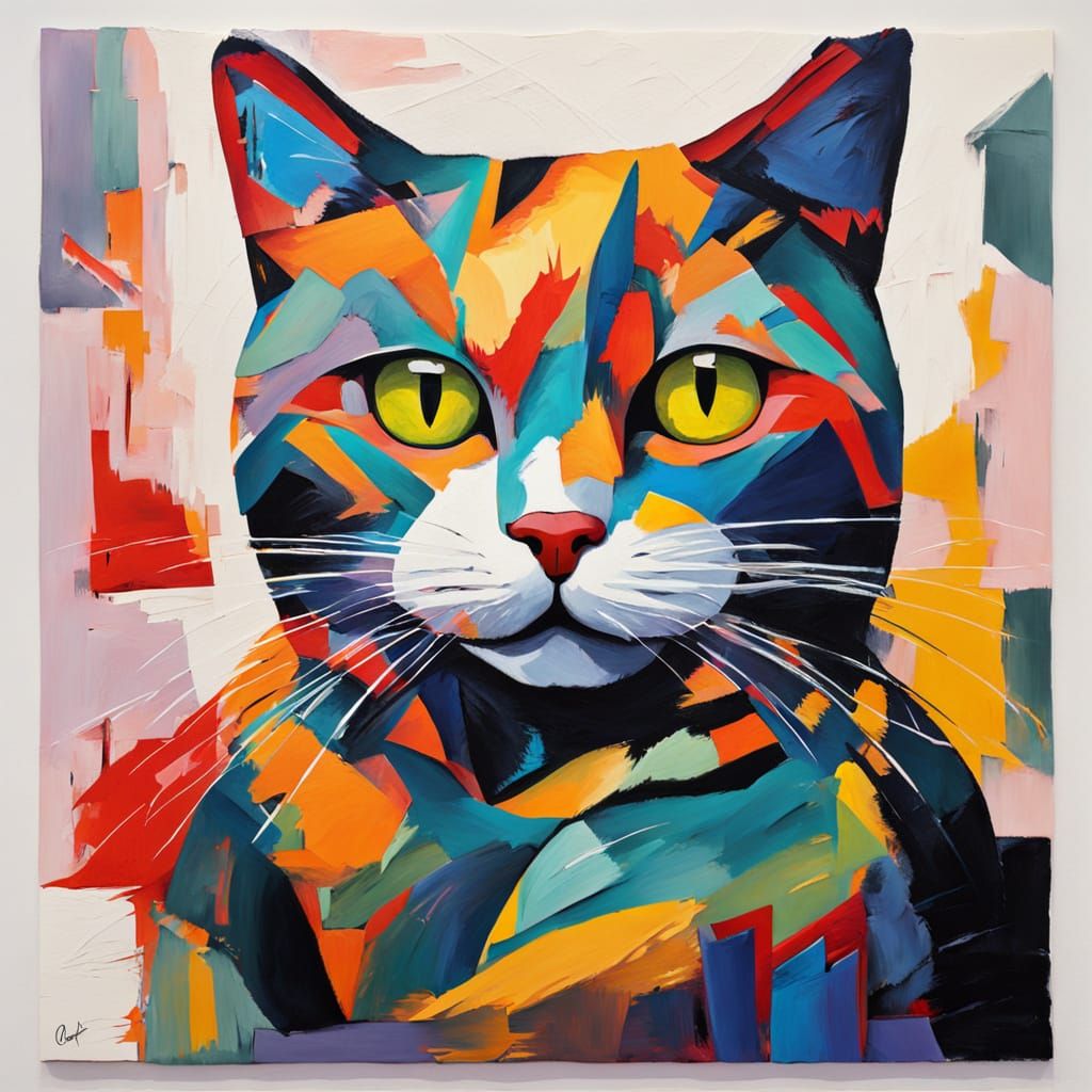 Postmodern Expressionist Cat in Abstract Landscape