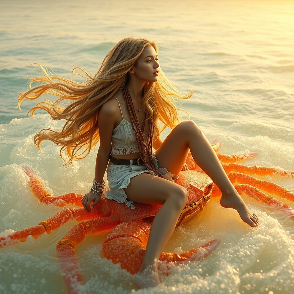 Woman on Gummy Crab in Dreamlike Soda Sea