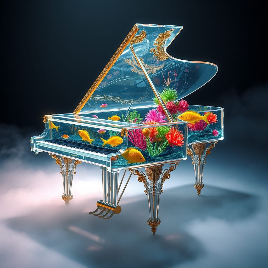 Majestic Glass Piano in Underwater Realm with Vibrant Fish a...