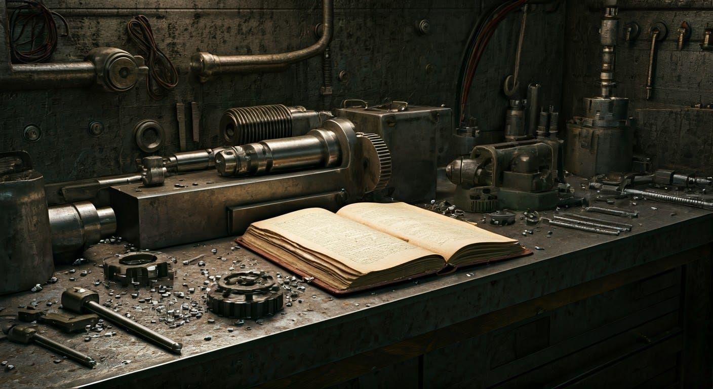 In the dreamlike, strict geometry style of Piccaso's painting Last Supper, a hardcover book lies closed laying on a clut...