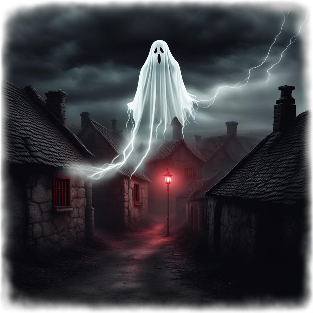 Spectral Entity Over Haunted Village in Stormy Weather