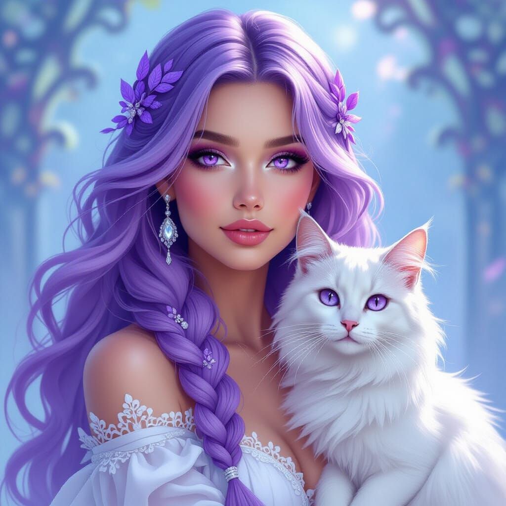 Art Nouveau Woman with Cat and Purple Eyes