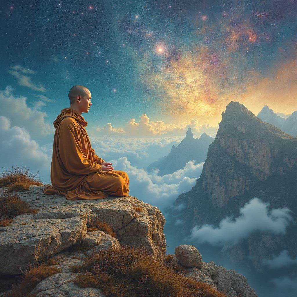Serene Monk in Ethereal Landscape