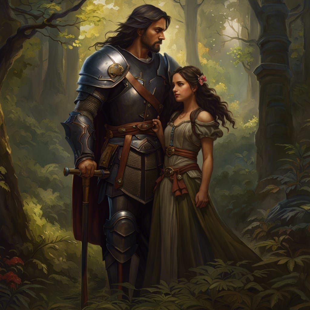 A Knight Protects His Charge in a Haunting Dark Forest Scene