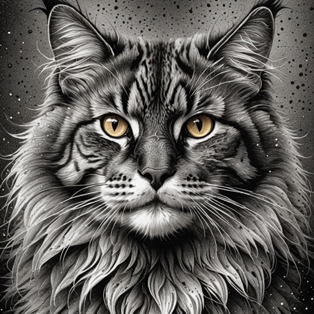 Exquisite Pointillism Portrait of a Majestic Mainecoon Cat