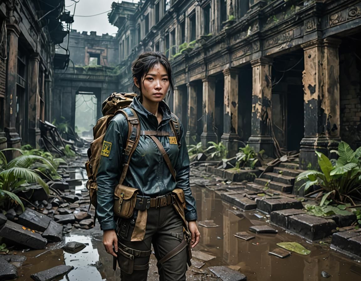 Young Explorer Scours Rain-Soaked Ruins in Post-Apocalyptic...