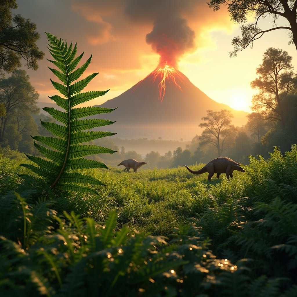 Dinosaurs Roam a Lush Jurassic Landscape with Erupting Volca...