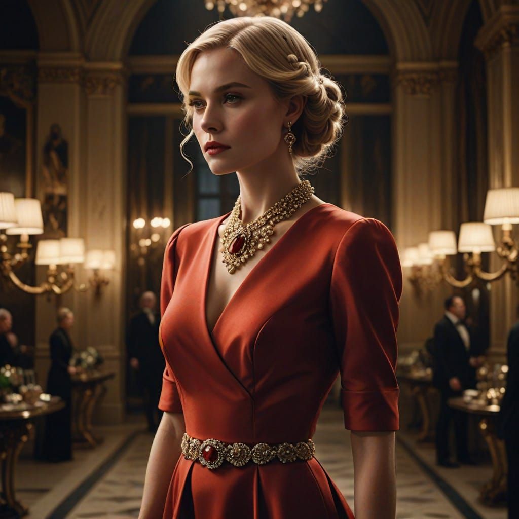 Elegant Blonde Woman in Red Haute Couture Dress