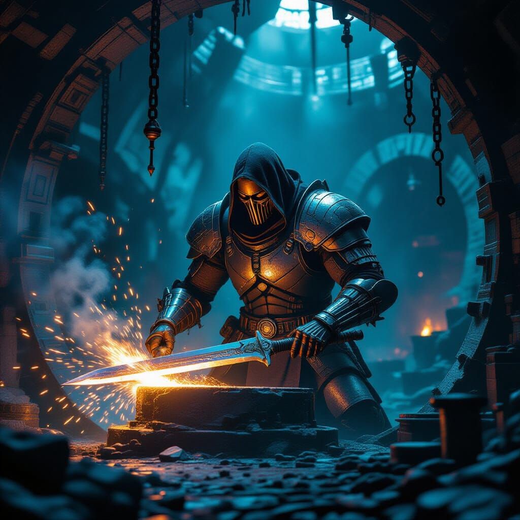 Biomechanical Blacksmith Crafts Sword in Subterranean Forge