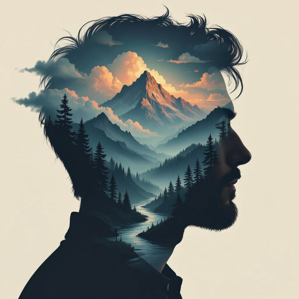 Surreal Mountain Landscape Portrait in Dreamlike Style