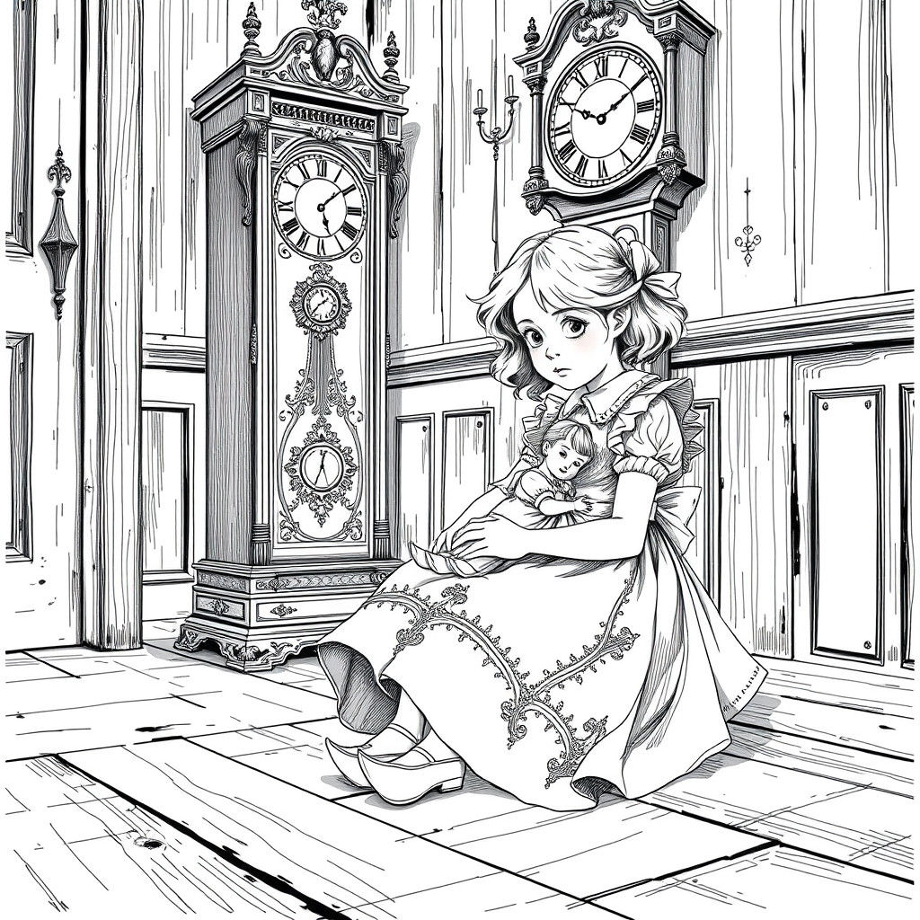 Elegant Line Art of a Girl and Grandfather Clock in an Antiq...