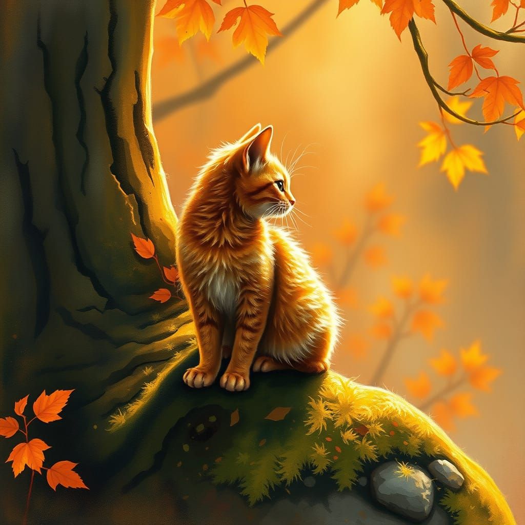 Whimsical Autumn Cat Perched on a Tree Trunk