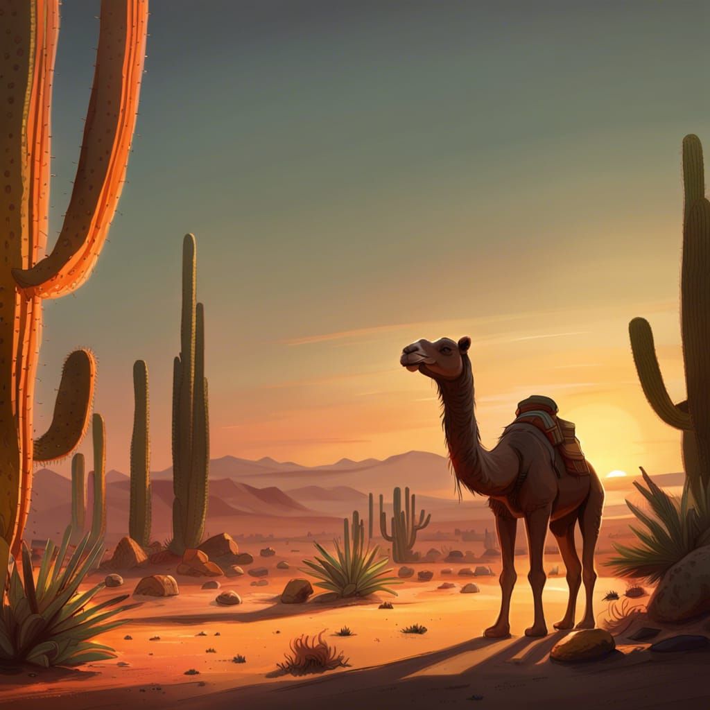 Vibrant Desert Sunset with Majestic Camel